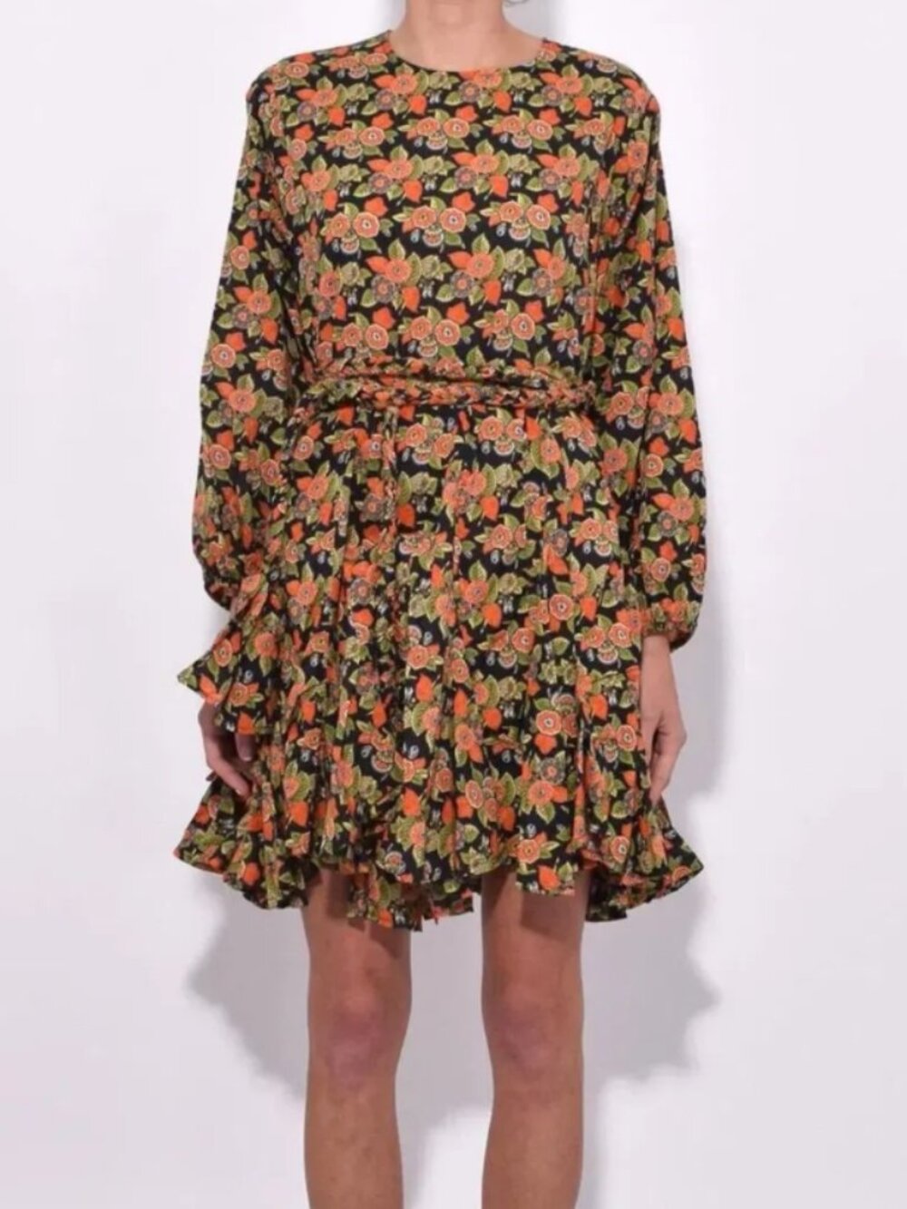 NWOT Rhode Resort Ella Long Sleeve Belted Fluted Mini Dress Floral S $450